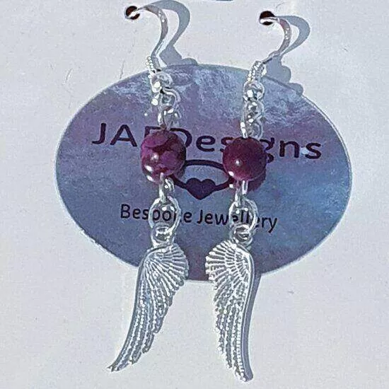 Gemstone and silver angel wing or feather earrings