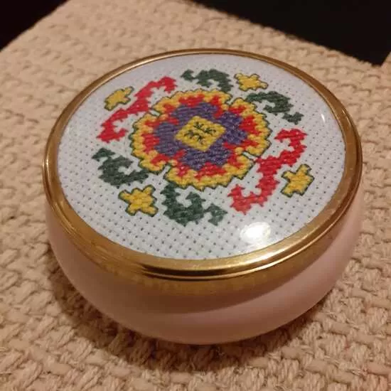 Ceramic, metal, glass trinket box with embroidered lid