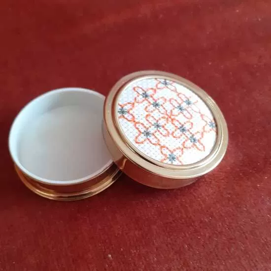 Gold pill box / mini trinket box with embroidered lid