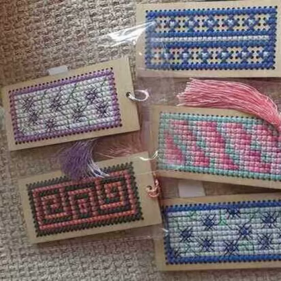 Wooden bookmark / hanging decoration with cross stitch embroidery