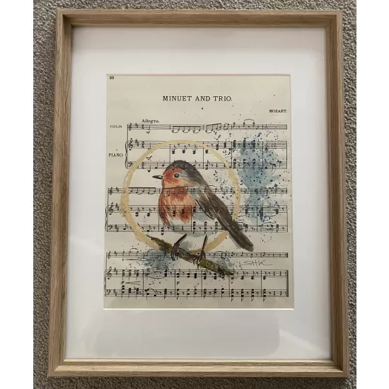 Original watercolour Robin with gold leaf on vintage music