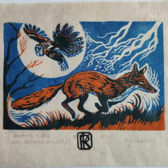 Fox and owl linoprint