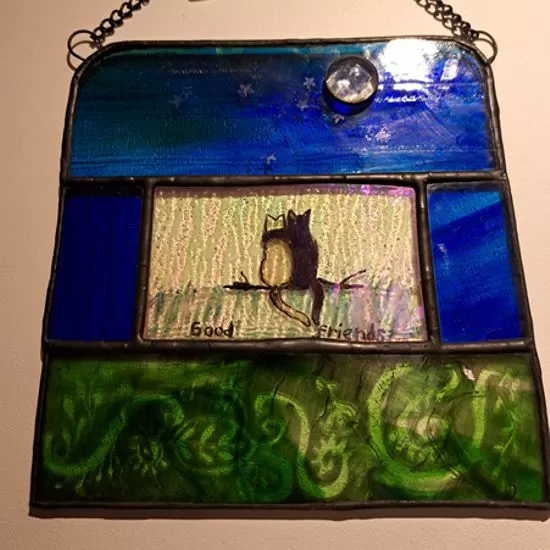 cat friends stained glass panel