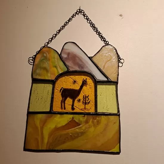 llama in Andes stained glass panel