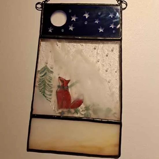 stained glass fox in snow