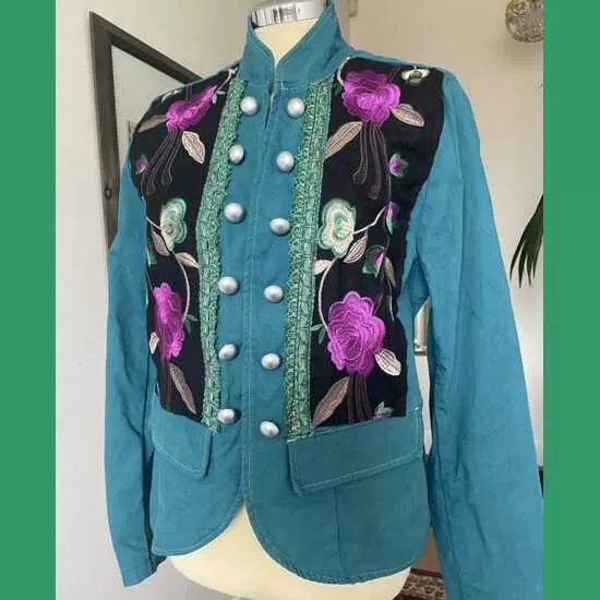 Sustainable dyed teal Rose Embroidery Military Jacket 