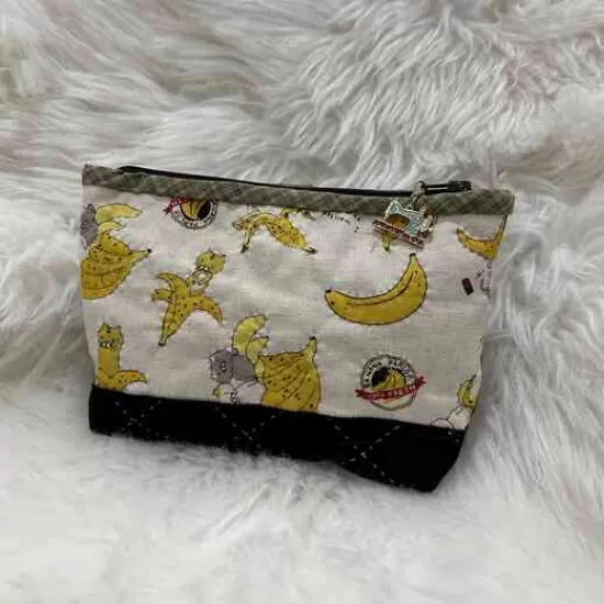 Medium sized patchwork pouch with cat banana print