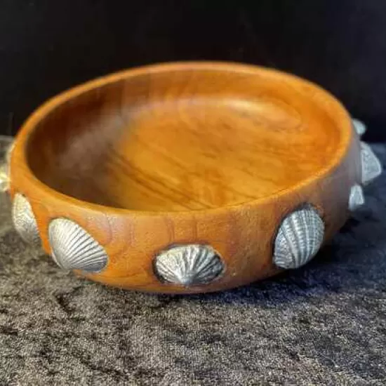 Teak bowl with pewter shells 